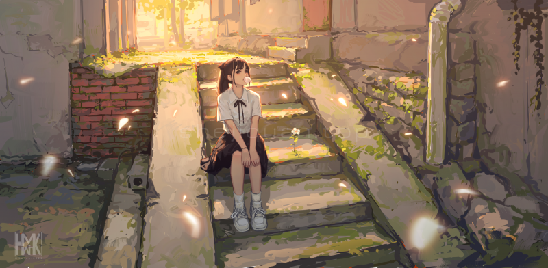 手绘卡通小美女坐在台阶上