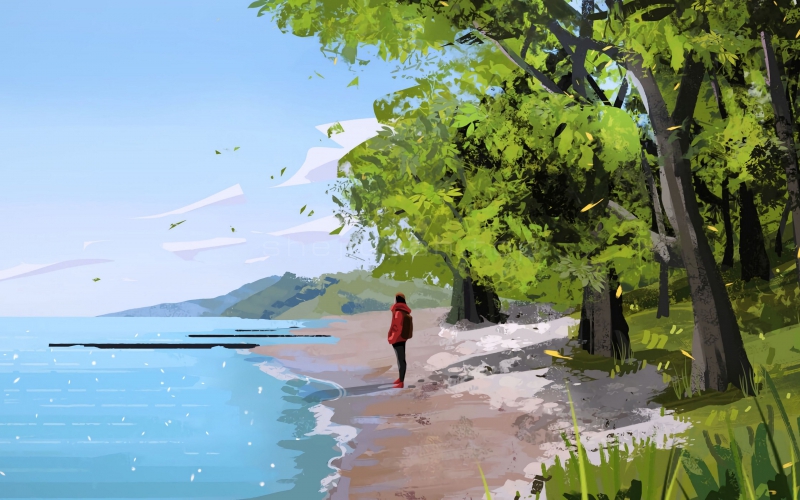 手绘油画风格的大海海岸上一位红衣服的人在看海景