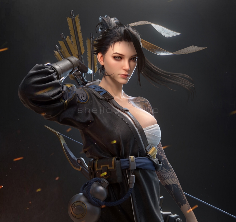 身材惹火的武侠美女,身穿低胸内衣和皮衣眼神凶狠