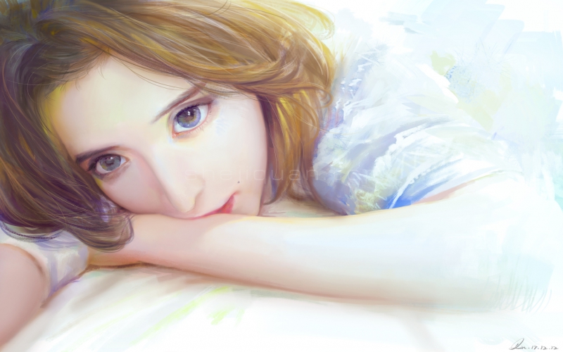 手绘短发金发的大眼睛美女趴在白色床单上瞪着眼睛看着你