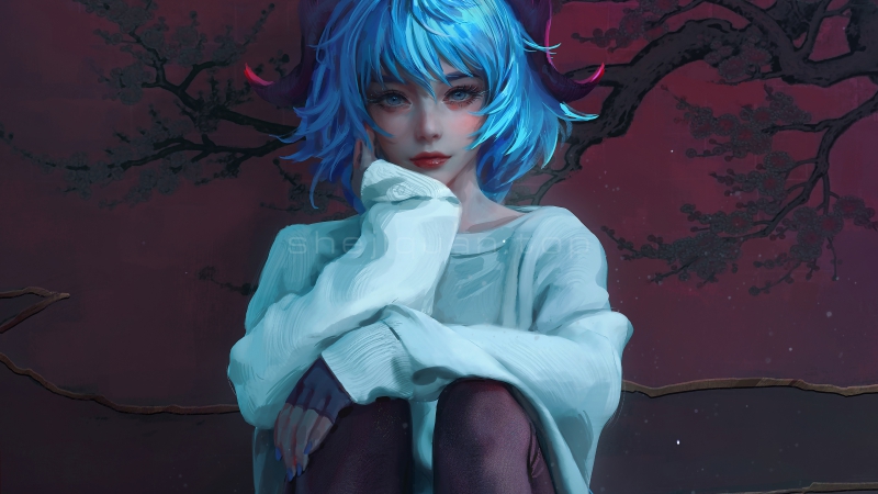 手绘蓝色短发的大眼睛美女身穿白色毛衫蹲在地上看着前方