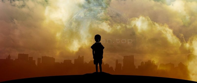 科幻类灾难类特写火星撞地球一个小孩站在商定看着