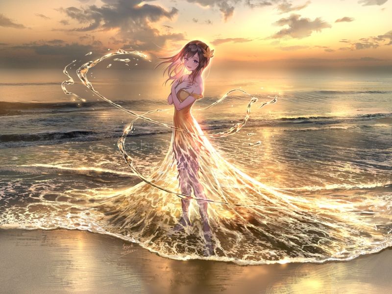 黄昏的天空下大海边的海滩上站着一位身穿海水彩裙的美女