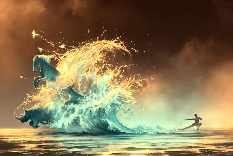 海上男人发功巨大海浪中犀牛野马各种怪兽狂奔的特效壮观壁纸
