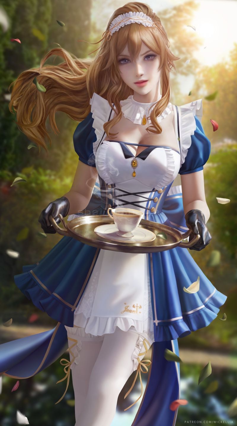 手绘卡通动漫美女人物丰满的身材大大的蓝眼睛长发飘逸